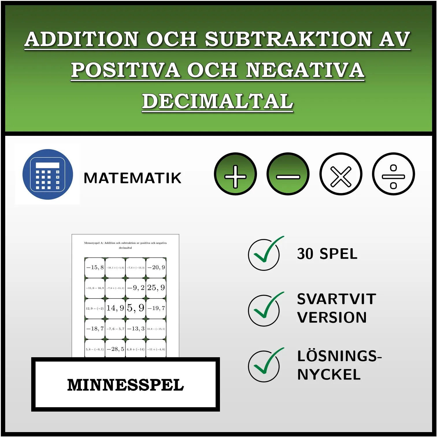 Memoryspel: Addition och subtraktion av positiva och negativa decimaltal