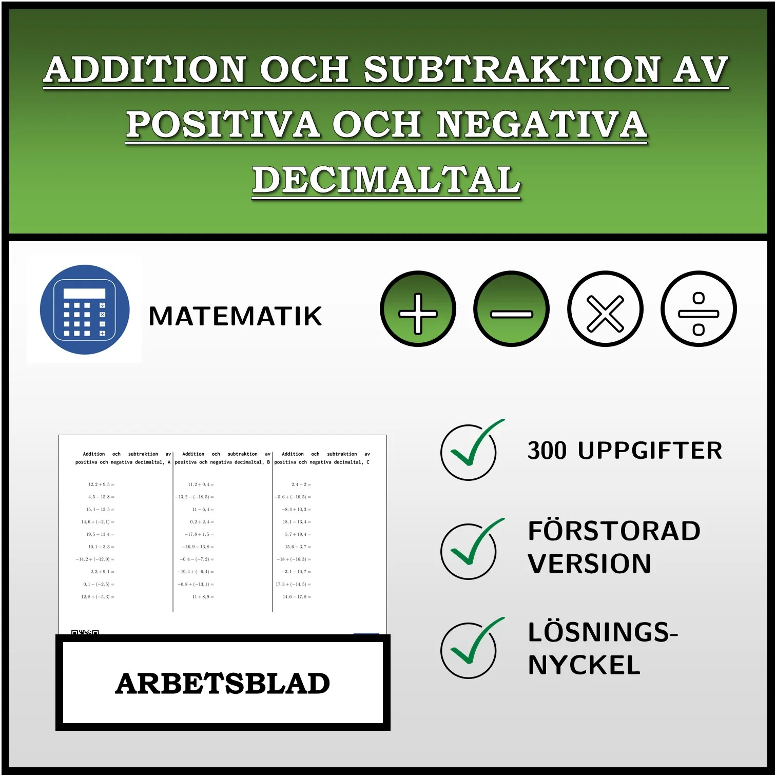 Arbetsblad: Addition och subtraktion av positiva och negativa decimaltal
