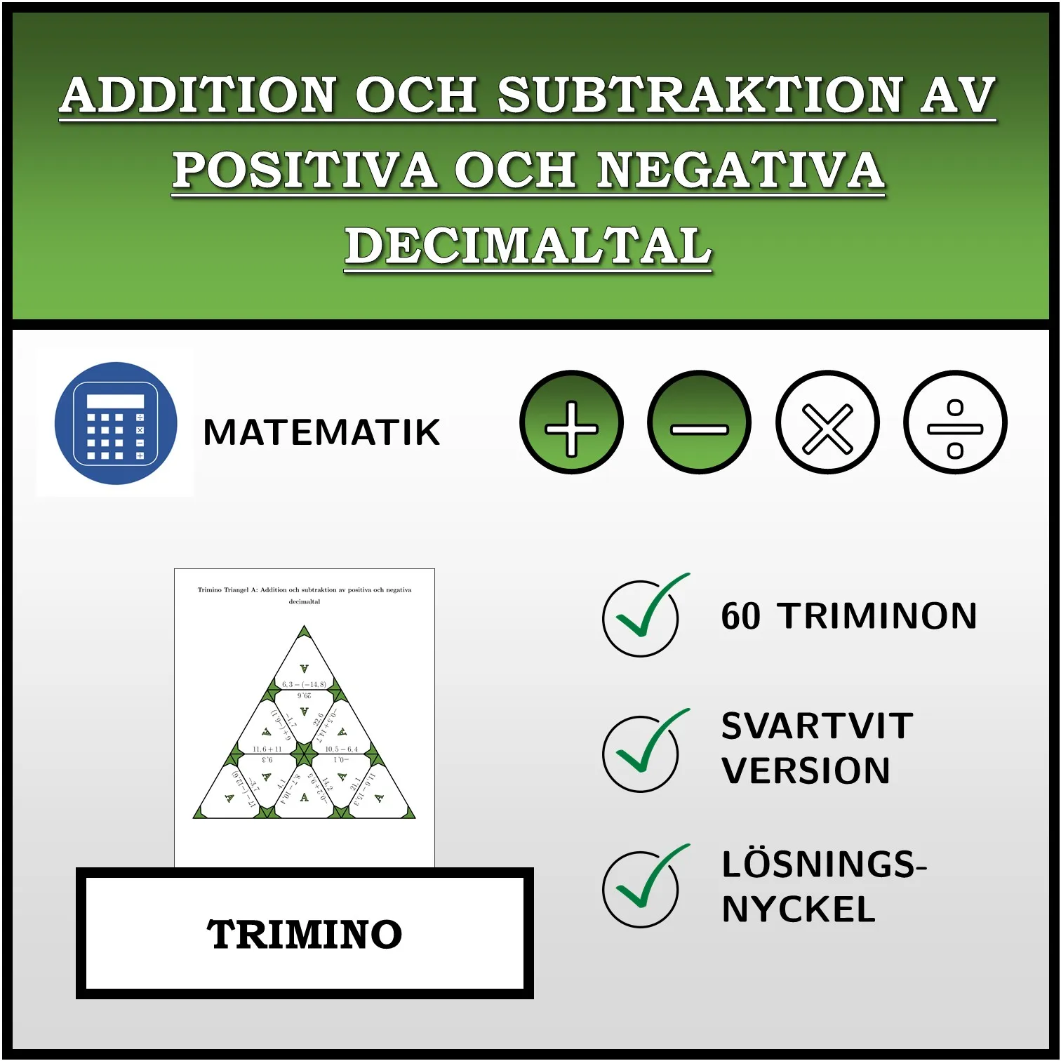 Trimino: Addition och subtraktion av positiva och negativa decimaltal