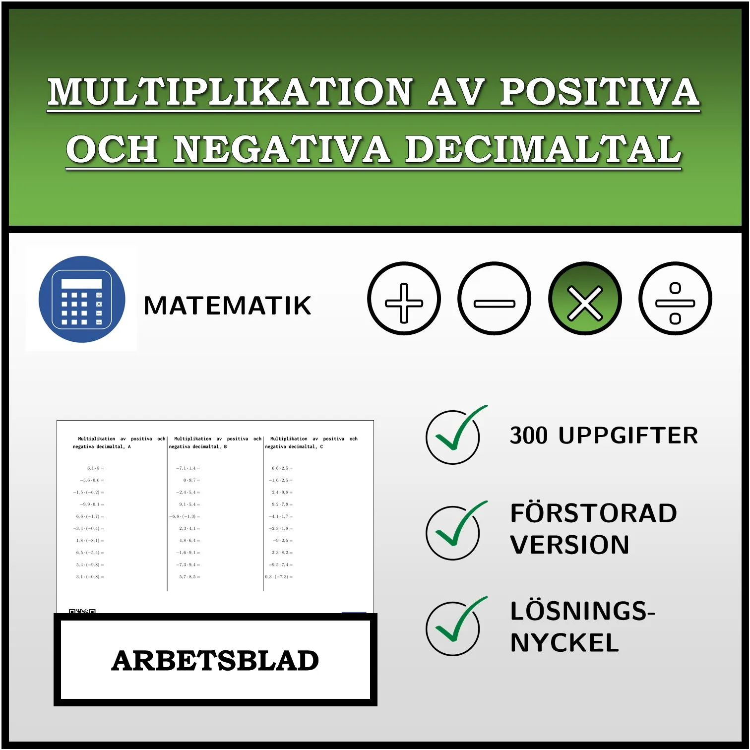 Arbetsblad: Multiplikation av positiva och negativa decimaltal