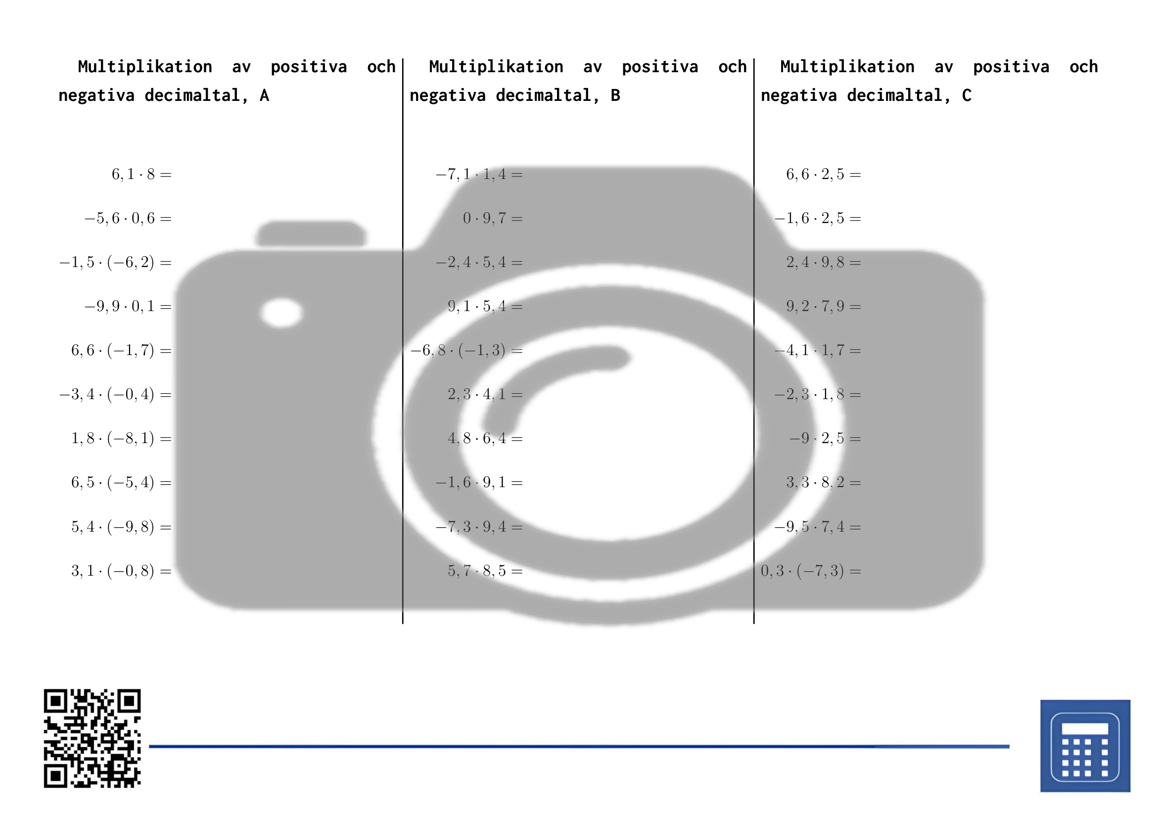 Arbetsblad: Multiplikation av positiva och negativa decimaltal - Bild 2