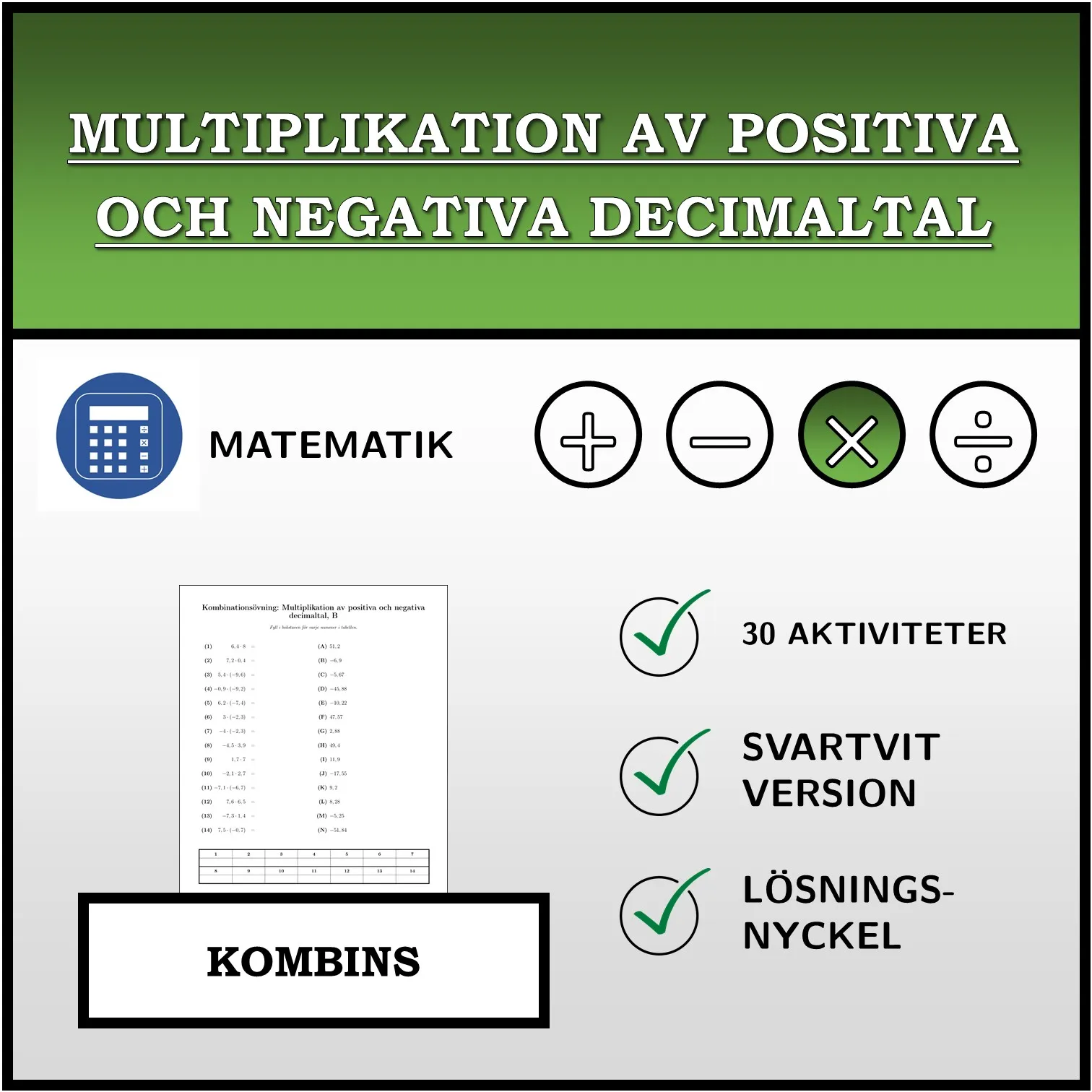 Kombinationsövning: Multiplikation av positiva och negativa decimaltal
