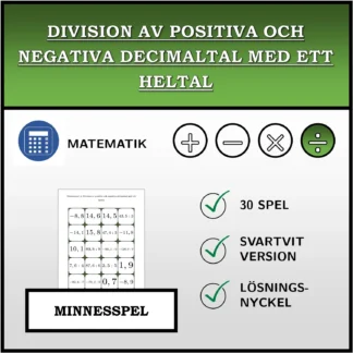Memoryspel: Division av positiva och negativa decimaltal med ett heltal