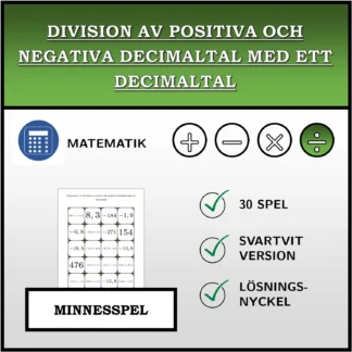 Memoryspel: Division av positiva och negativa decimaltal med ett decimaltal