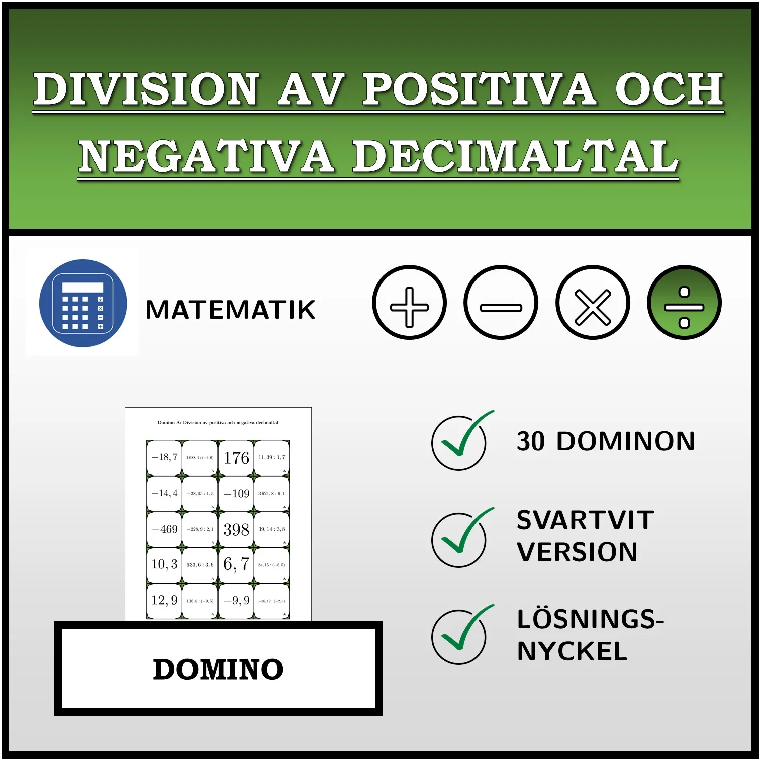 Domino: Division av positiva och negativa decimaltal