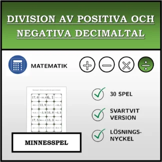 Memoryspel: Division av positiva och negativa decimaltal