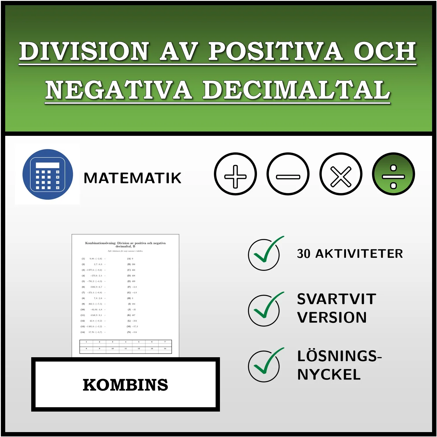 Kombinationsövning: Division av positiva och negativa decimaltal