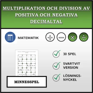 Memoryspel: Multiplikation och division av positiva och negativa decimaltal