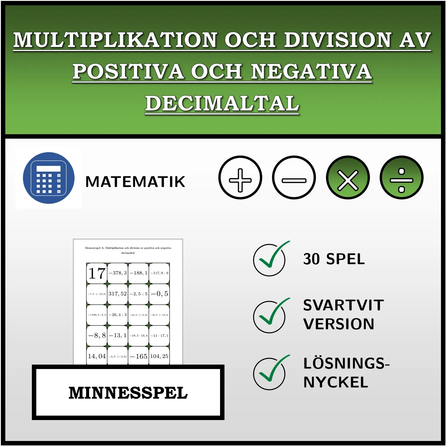 Memoryspel: Multiplikation och division av positiva och negativa decimaltal