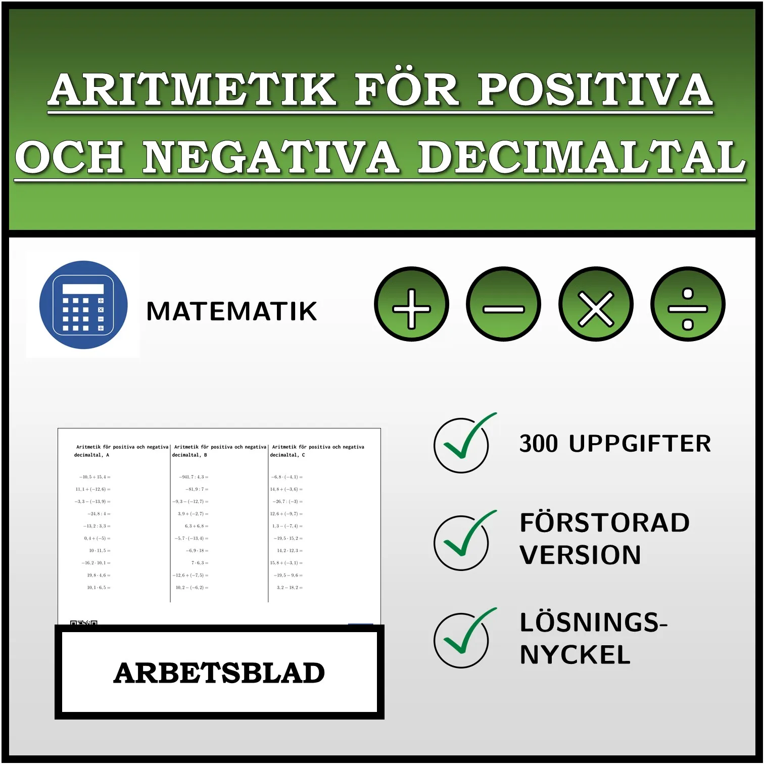 Arbetsblad: Aritmetik för positiva och negativa decimaltal