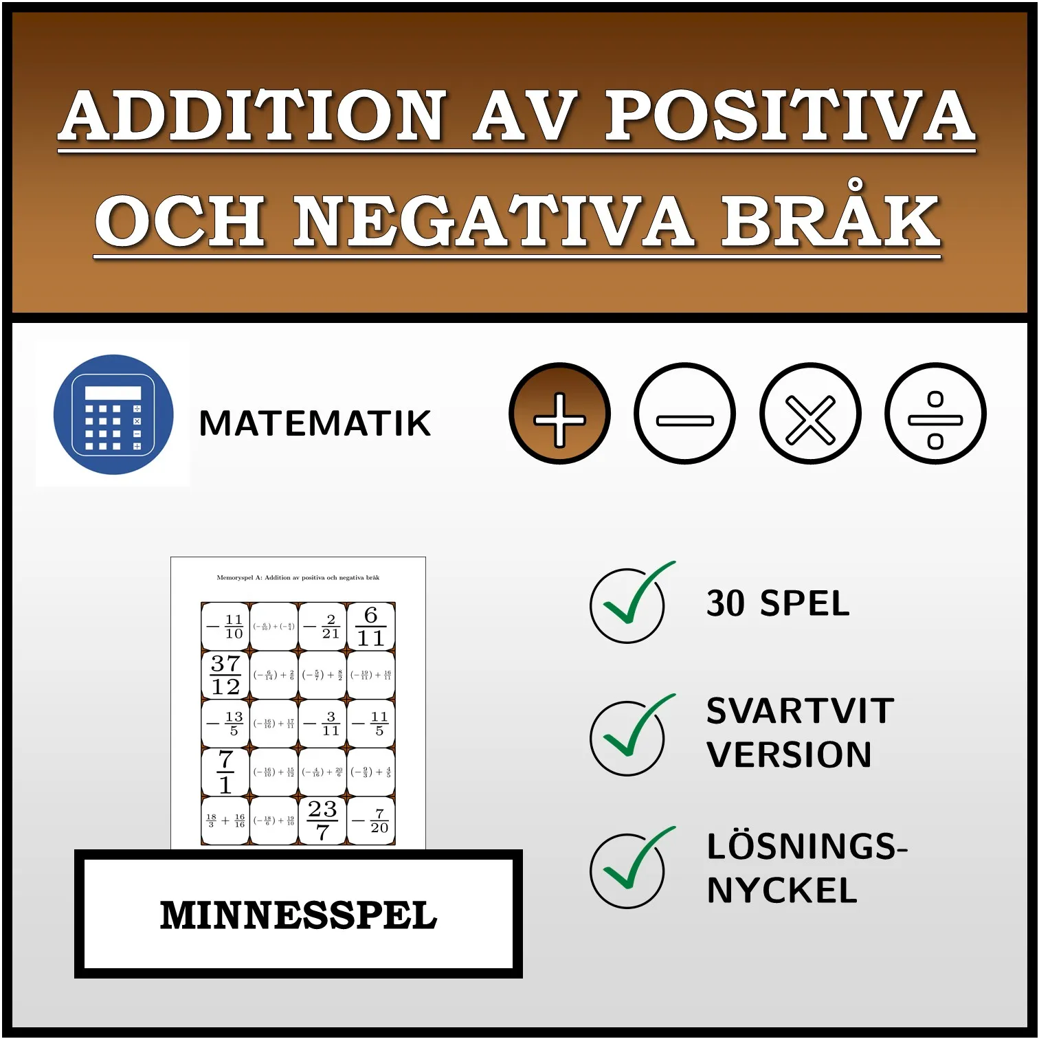 Memoryspel: Addition av positiva och negativa bråk