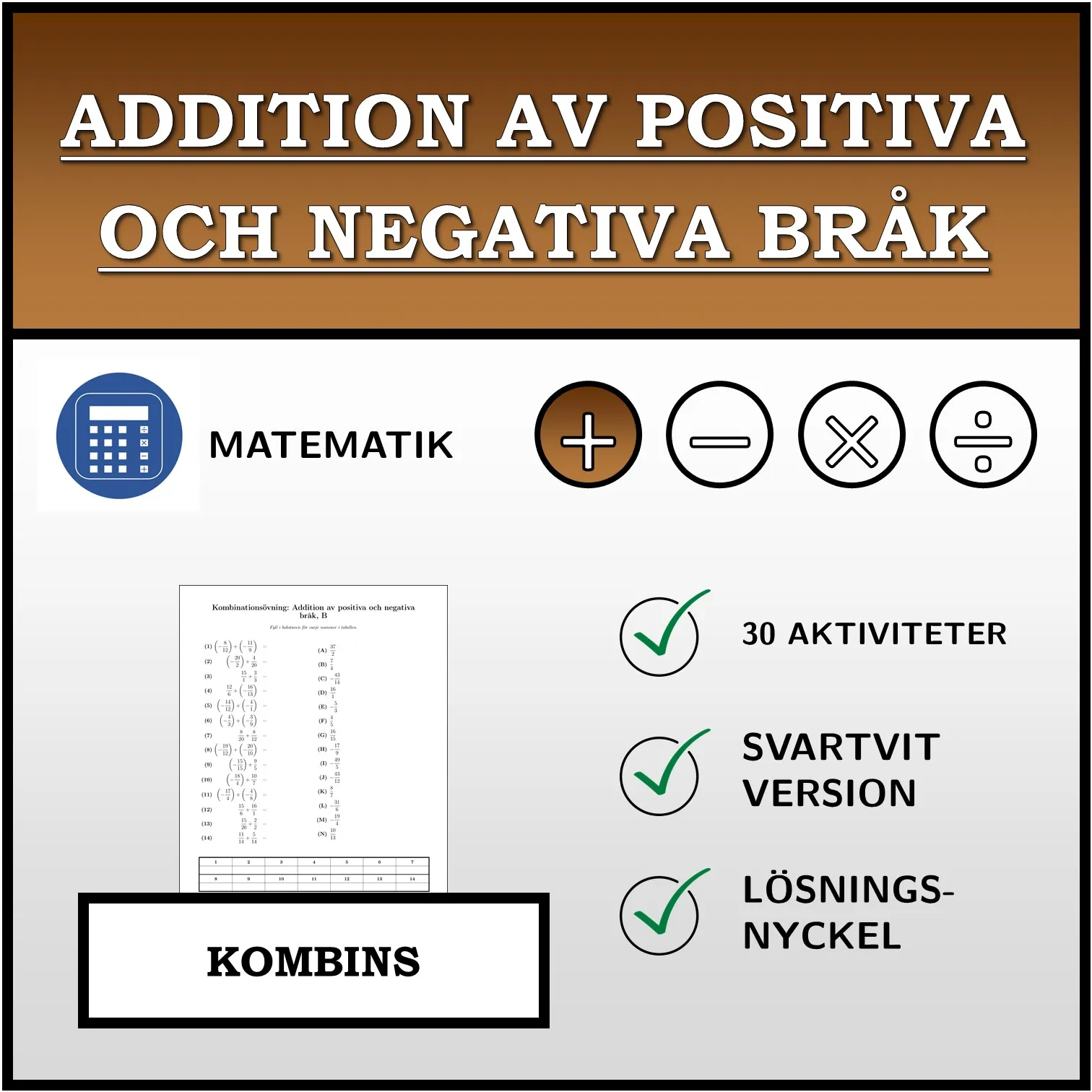 Kombinationsövning: Addition av positiva och negativa bråk