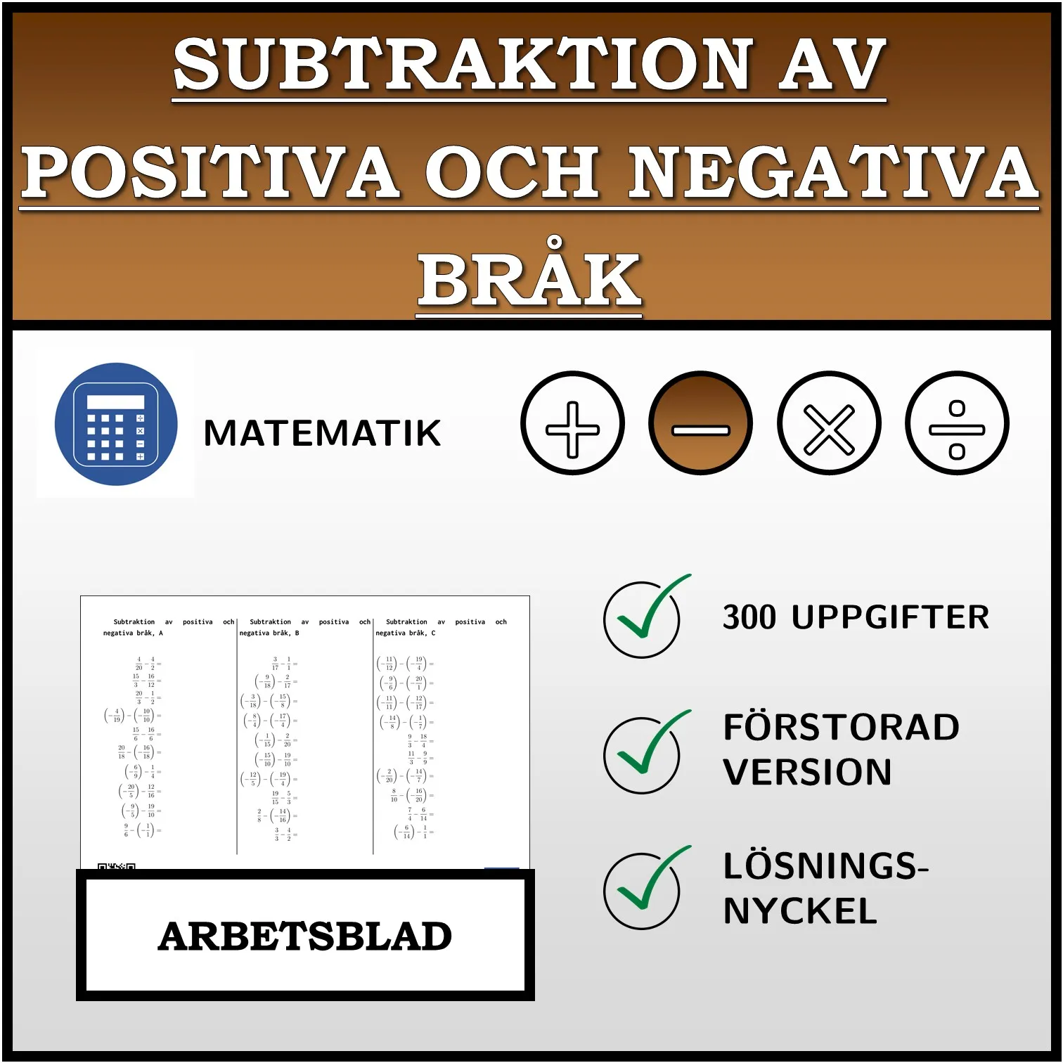 Arbetsblad: Subtraktion av positiva och negativa bråk