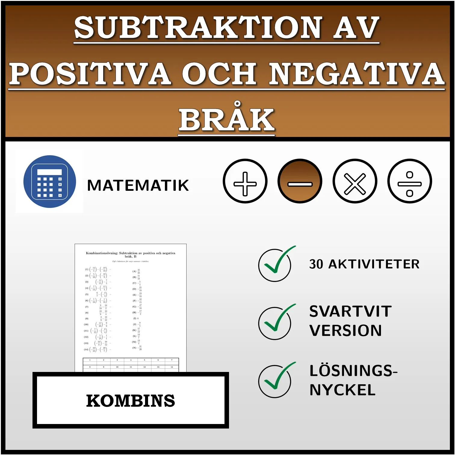 Kombinationsövning: Subtraktion av positiva och negativa bråk