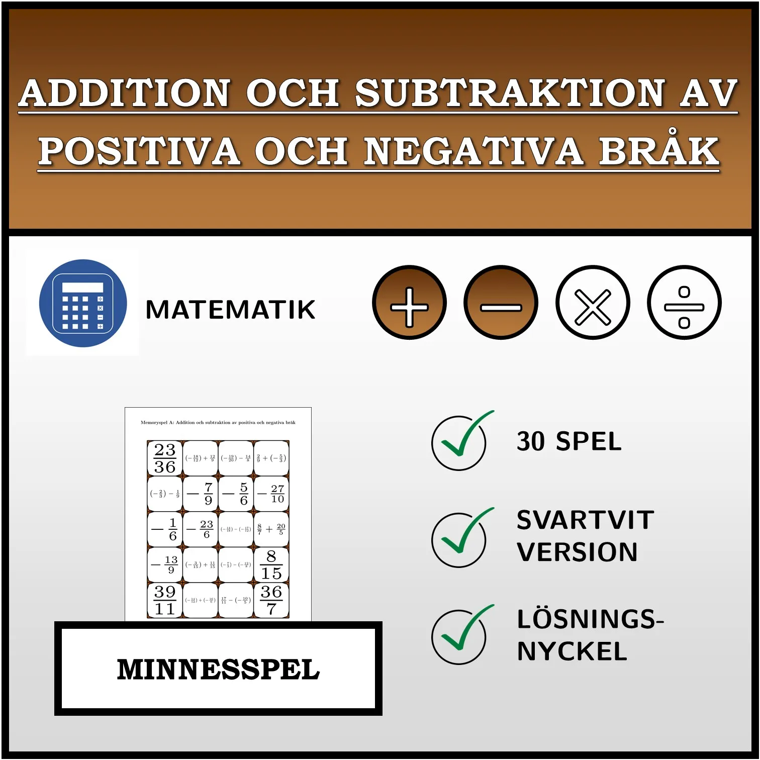 Memoryspel: Addition och subtraktion av positiva och negativa bråk