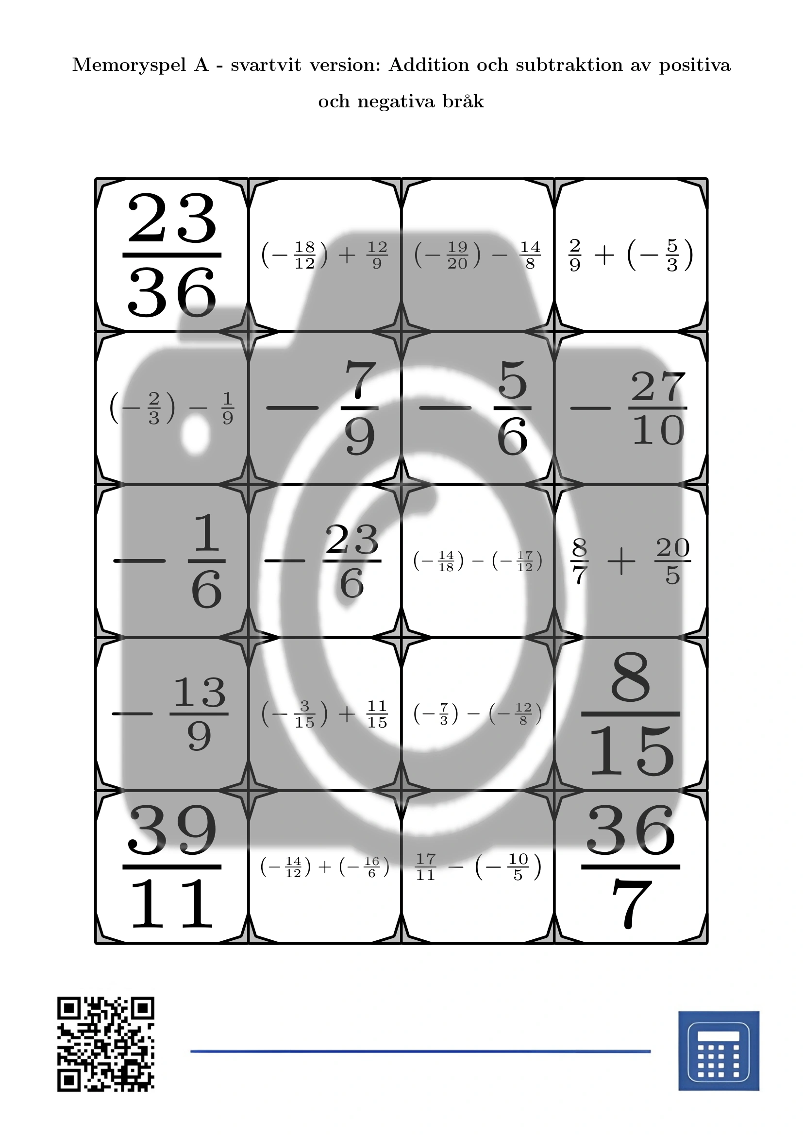 Memoryspel: Addition och subtraktion av positiva och negativa bråk - Bild 3