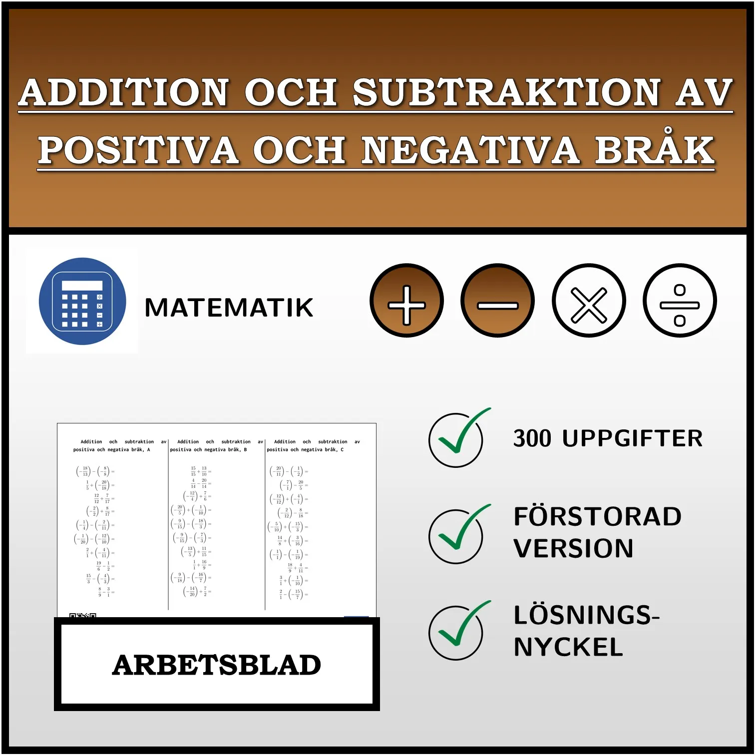 Arbetsblad: Addition och subtraktion av positiva och negativa bråk