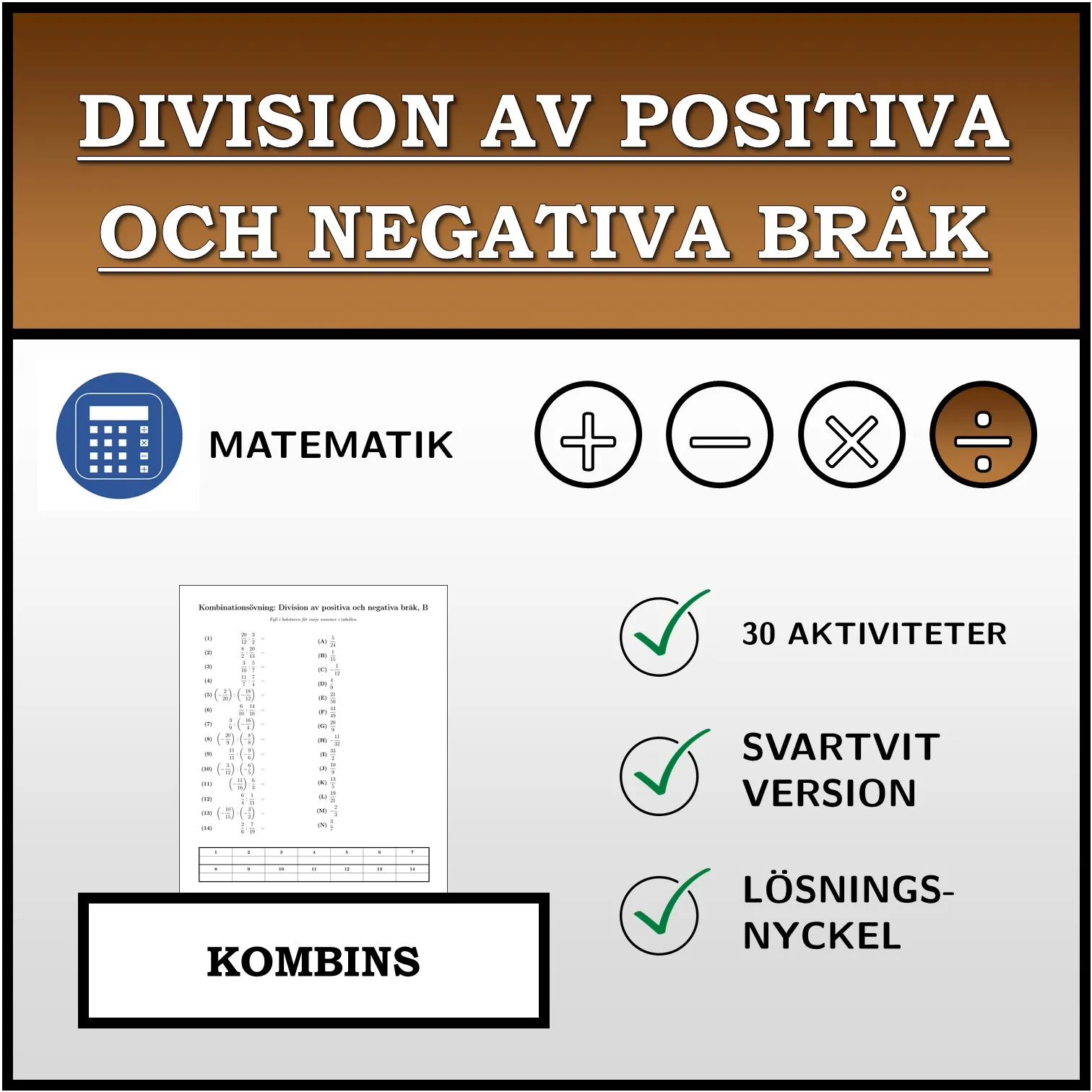 Kombinationsövning: Division av positiva och negativa bråk