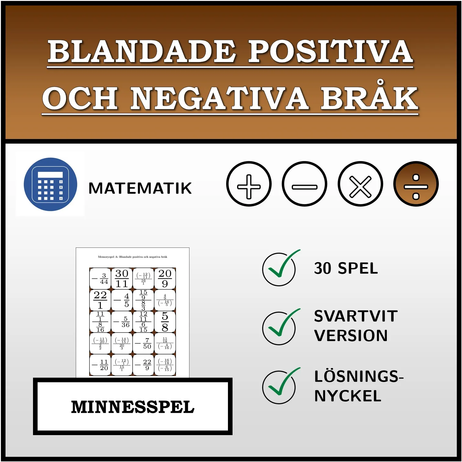 Memoryspel: Blandade positiva och negativa bråk