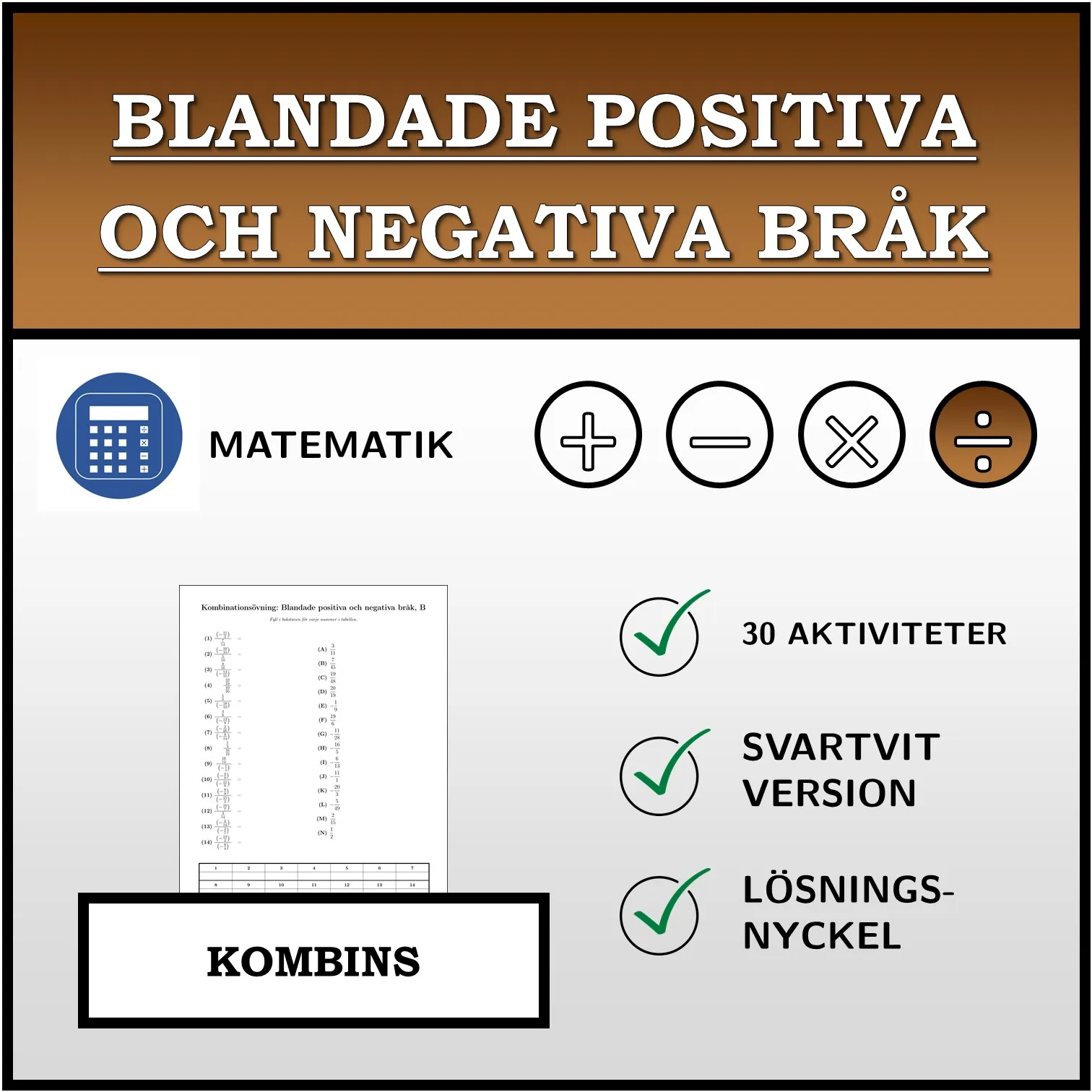 Kombinationsövning: Blandade positiva och negativa bråk