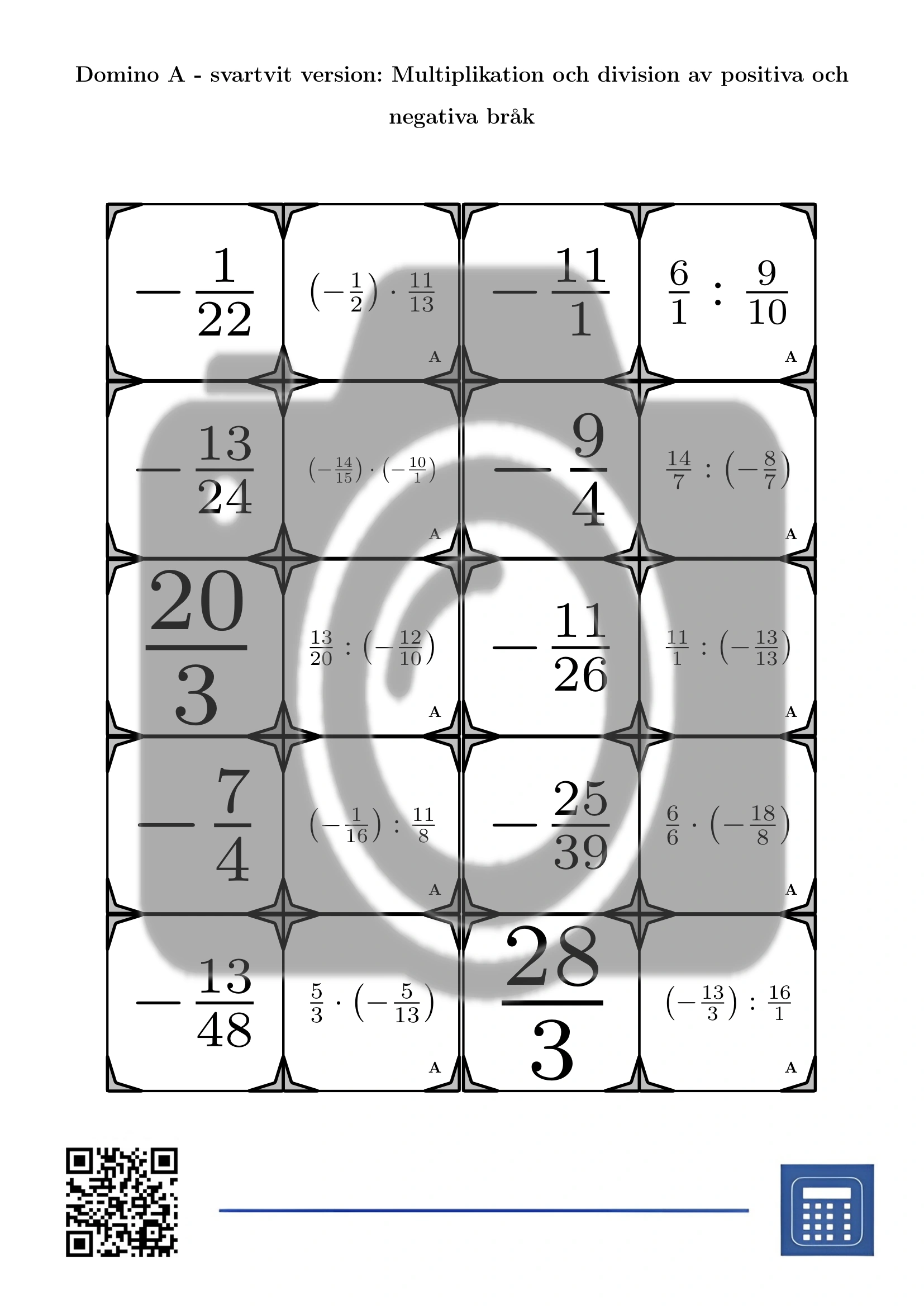 Domino: Multiplikation och division av positiva och negativa bråk - Bild 3
