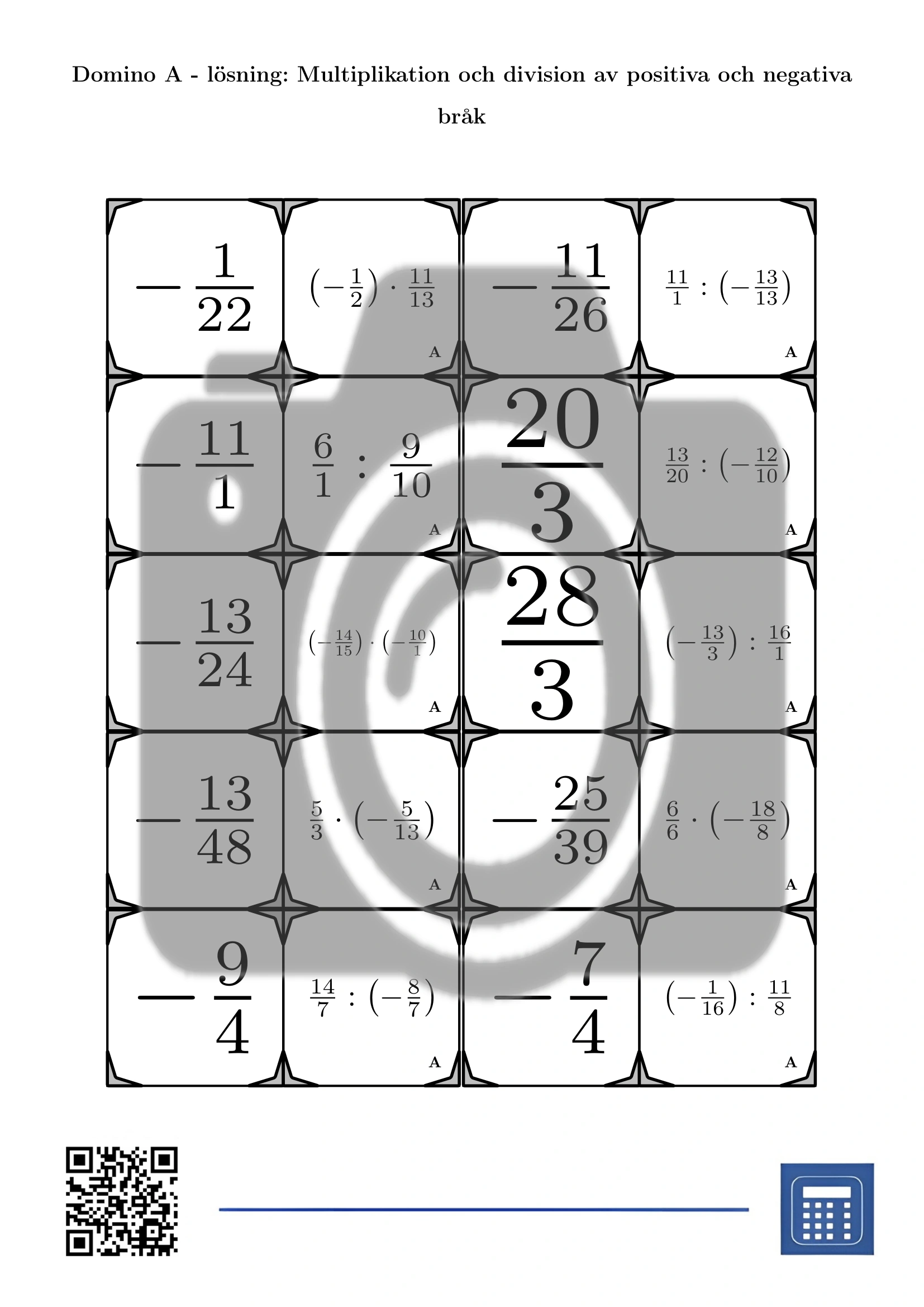 Domino: Multiplikation och division av positiva och negativa bråk - Bild 4