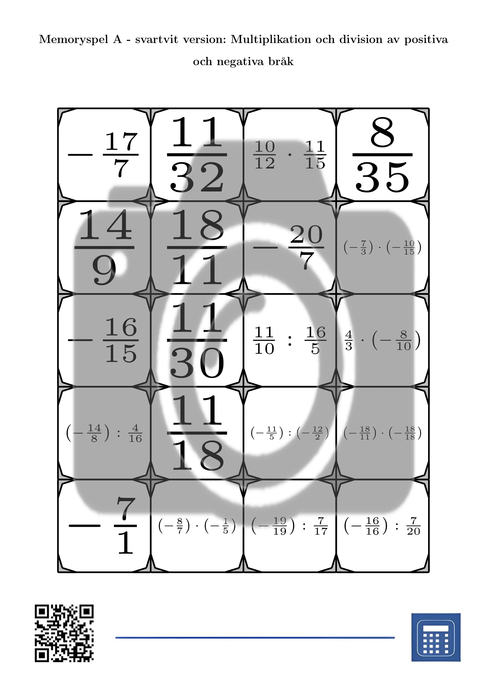 Memoryspel: Multiplikation och division av positiva och negativa bråk - Bild 3