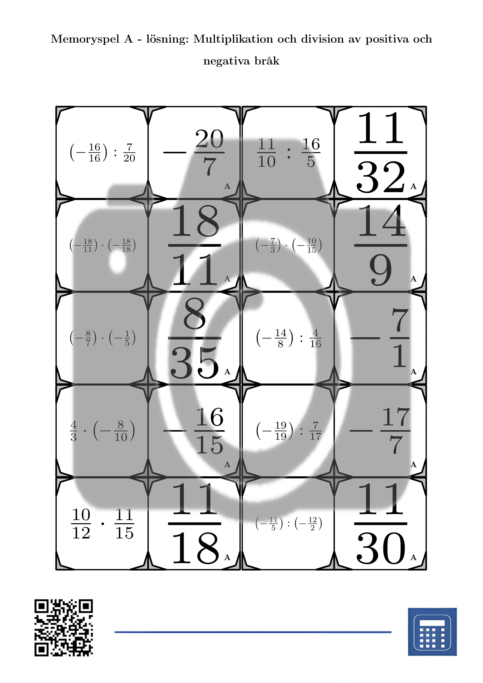 Memoryspel: Multiplikation och division av positiva och negativa bråk - Bild 4