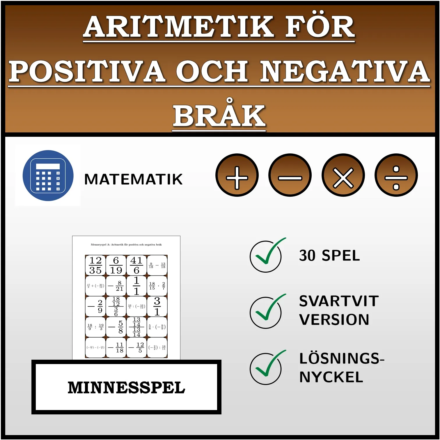 Memoryspel: Aritmetik för positiva och negativa bråk