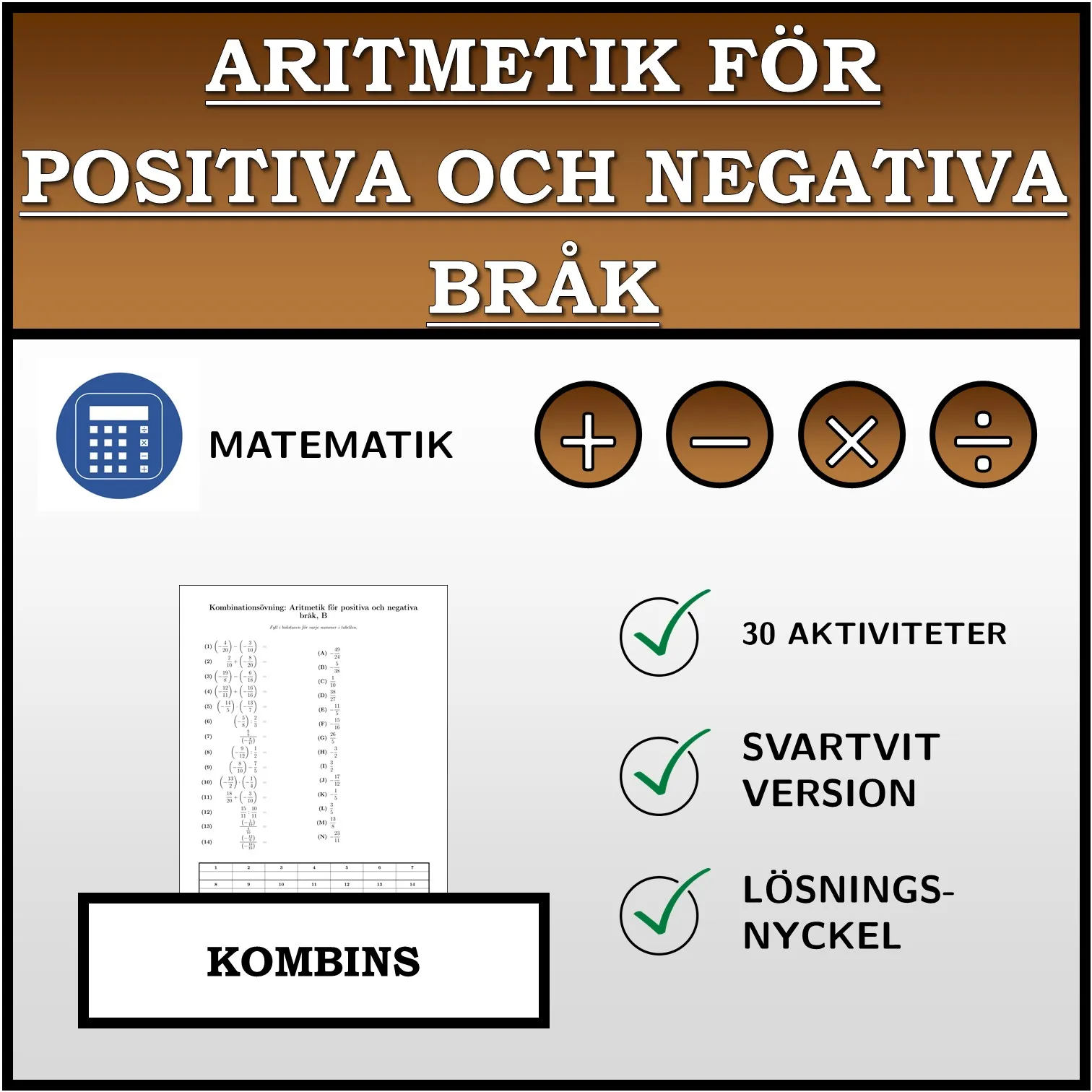 Kombinationsövning: Aritmetik för positiva och negativa bråk