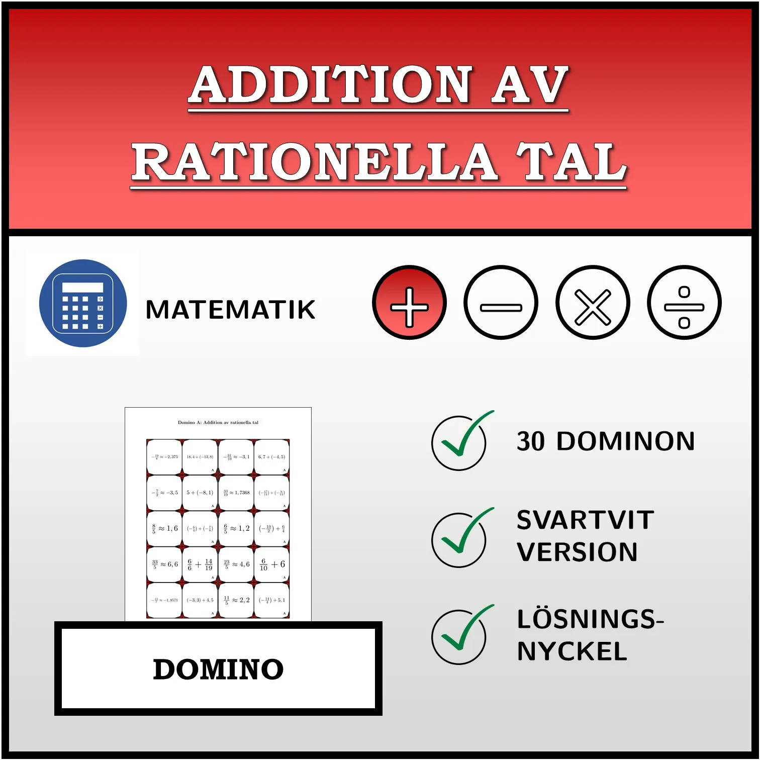 Domino: Addition av rationella tal