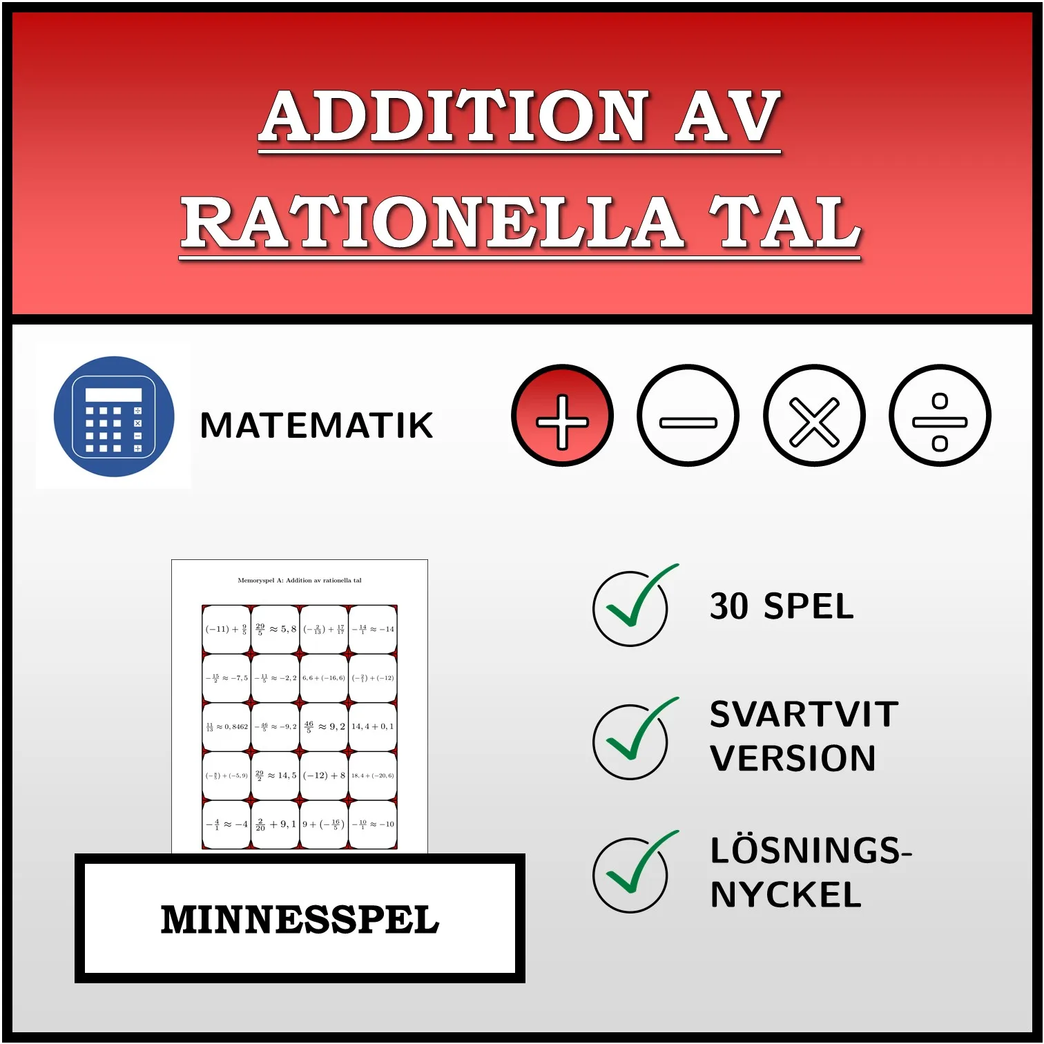 Memoryspel: Addition av rationella tal