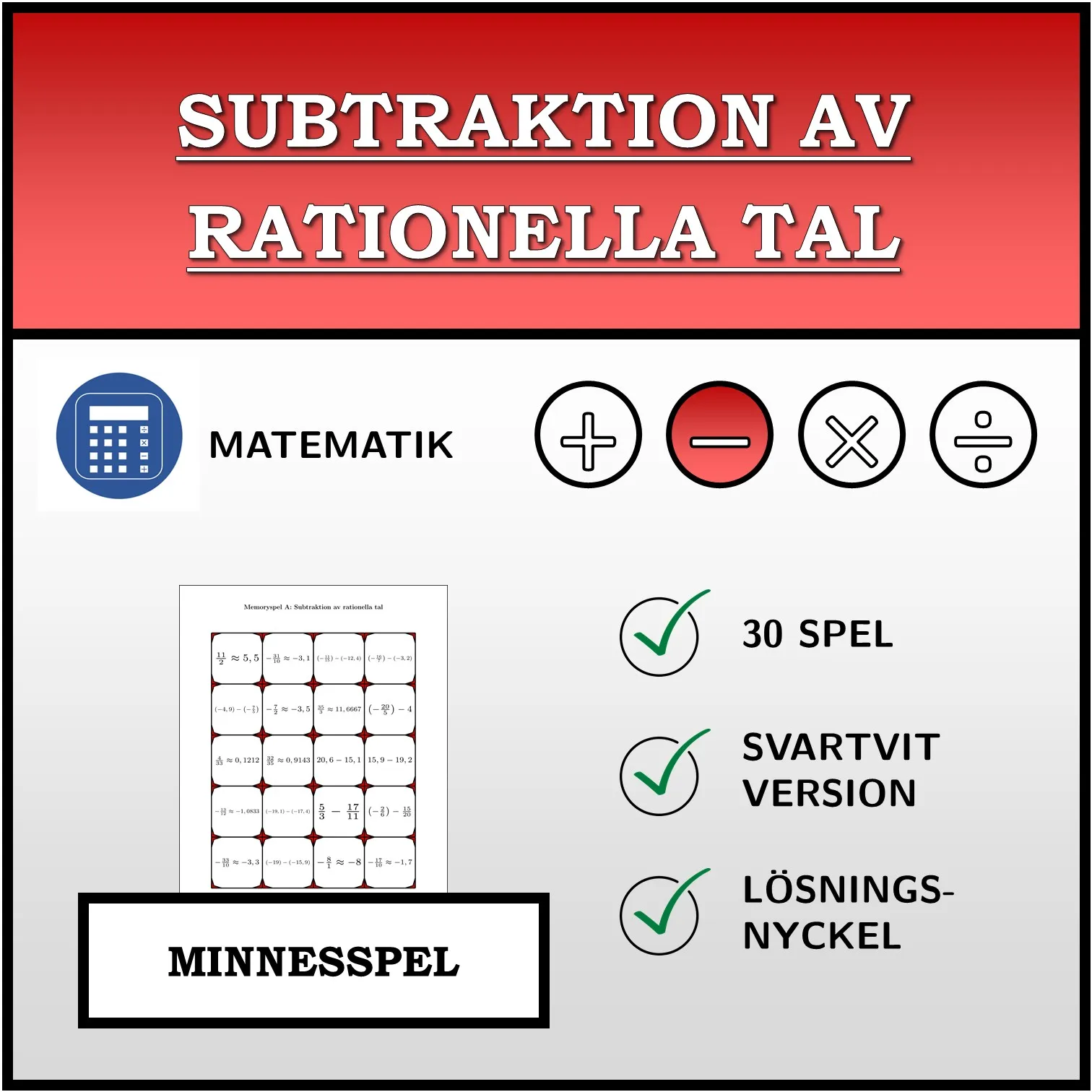 Memoryspel: Subtraktion av rationella tal