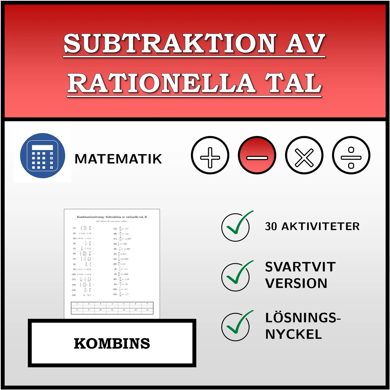 Kombinationsövning: Subtraktion av rationella tal