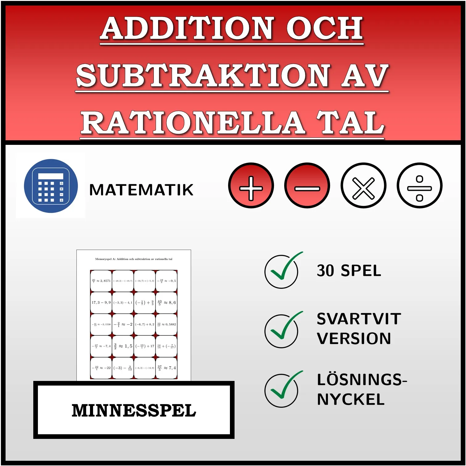 Memoryspel: Addition och subtraktion av rationella tal