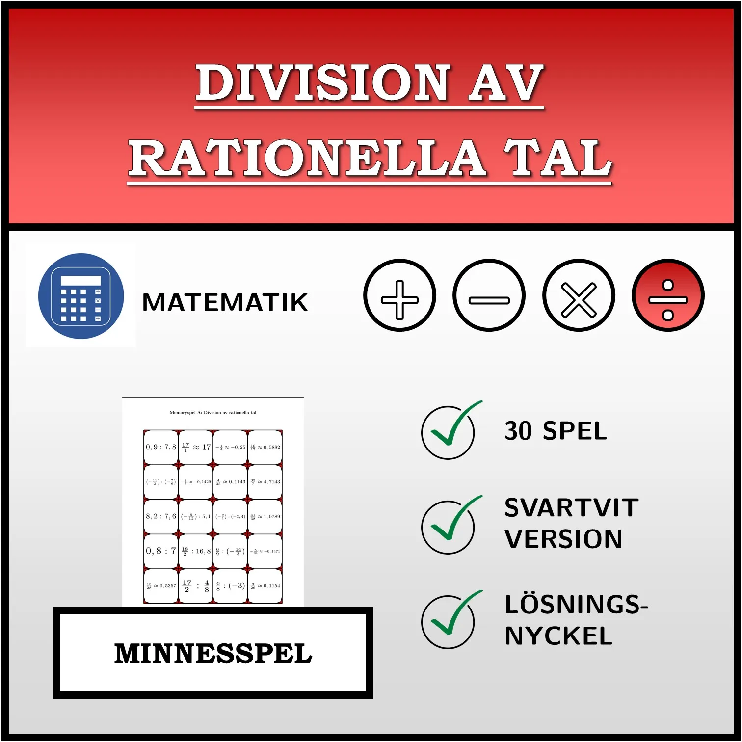 Memoryspel: Division av rationella tal