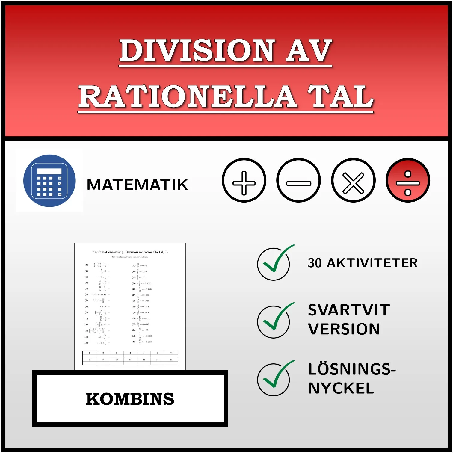 Kombinationsövning: Division av rationella tal