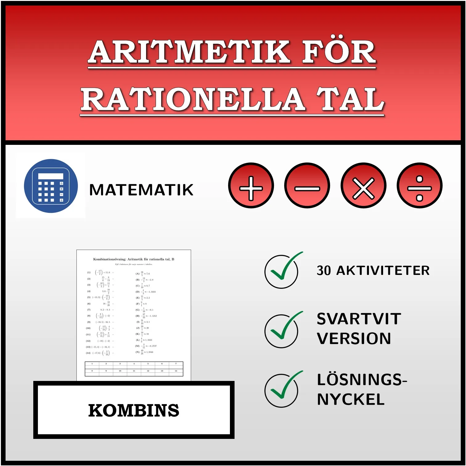 Kombinationsövning: Aritmetik för rationella tal