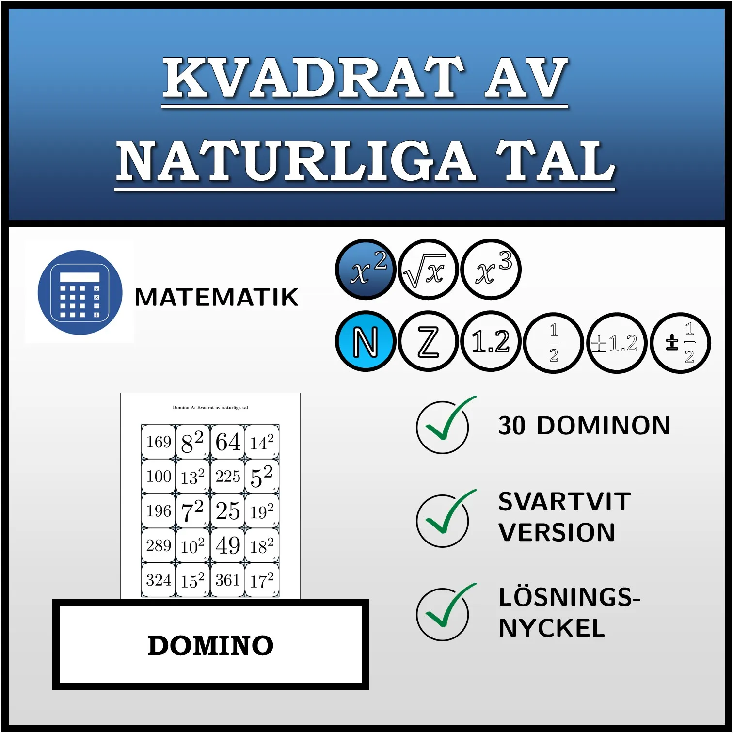 Domino: Kvadrat av naturliga tal