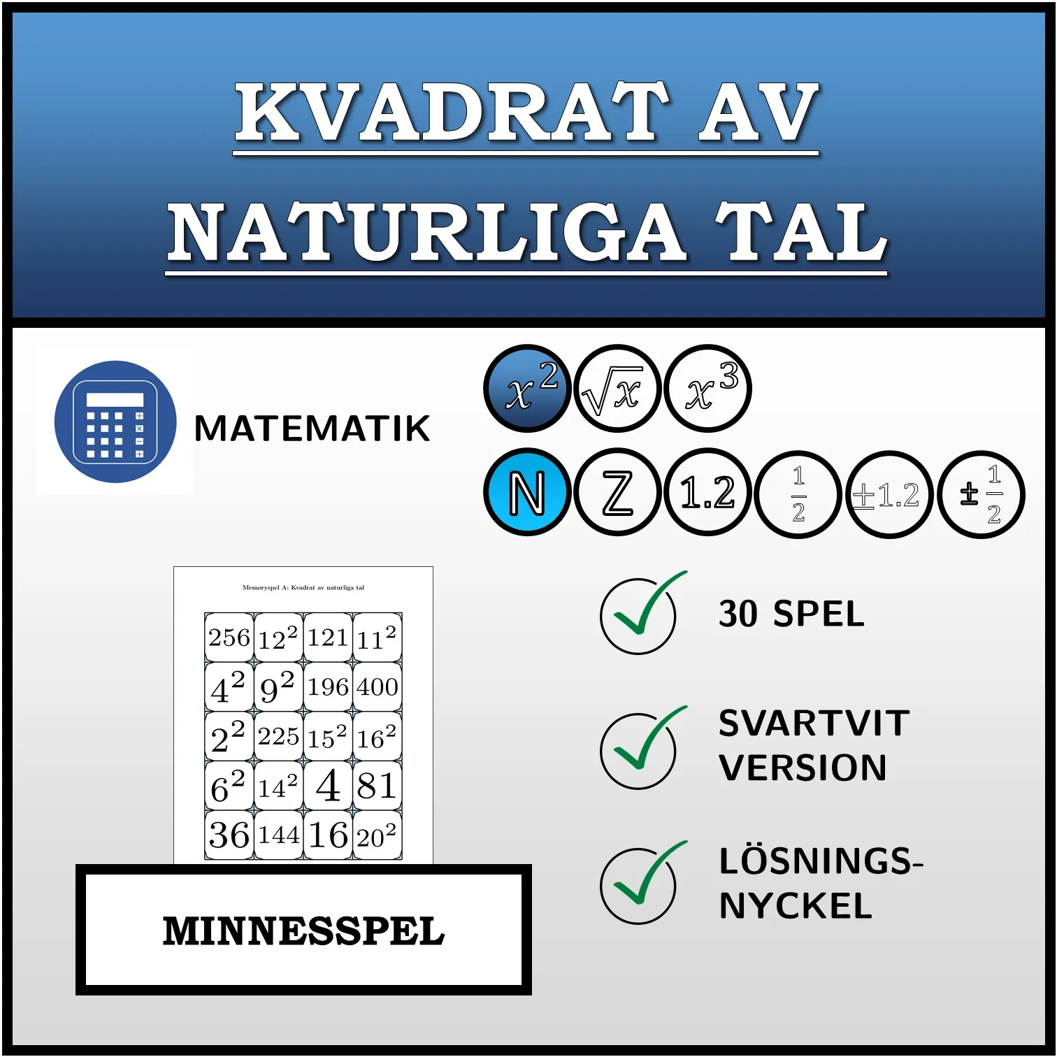 Memoryspel: Kvadrat av naturliga tal