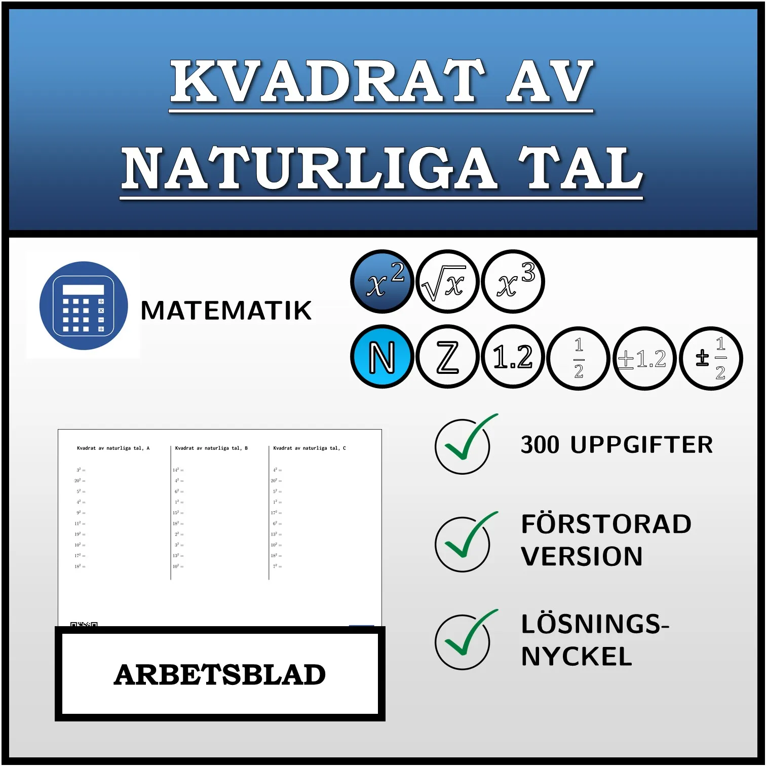 Arbetsblad: Kvadrat av naturliga tal