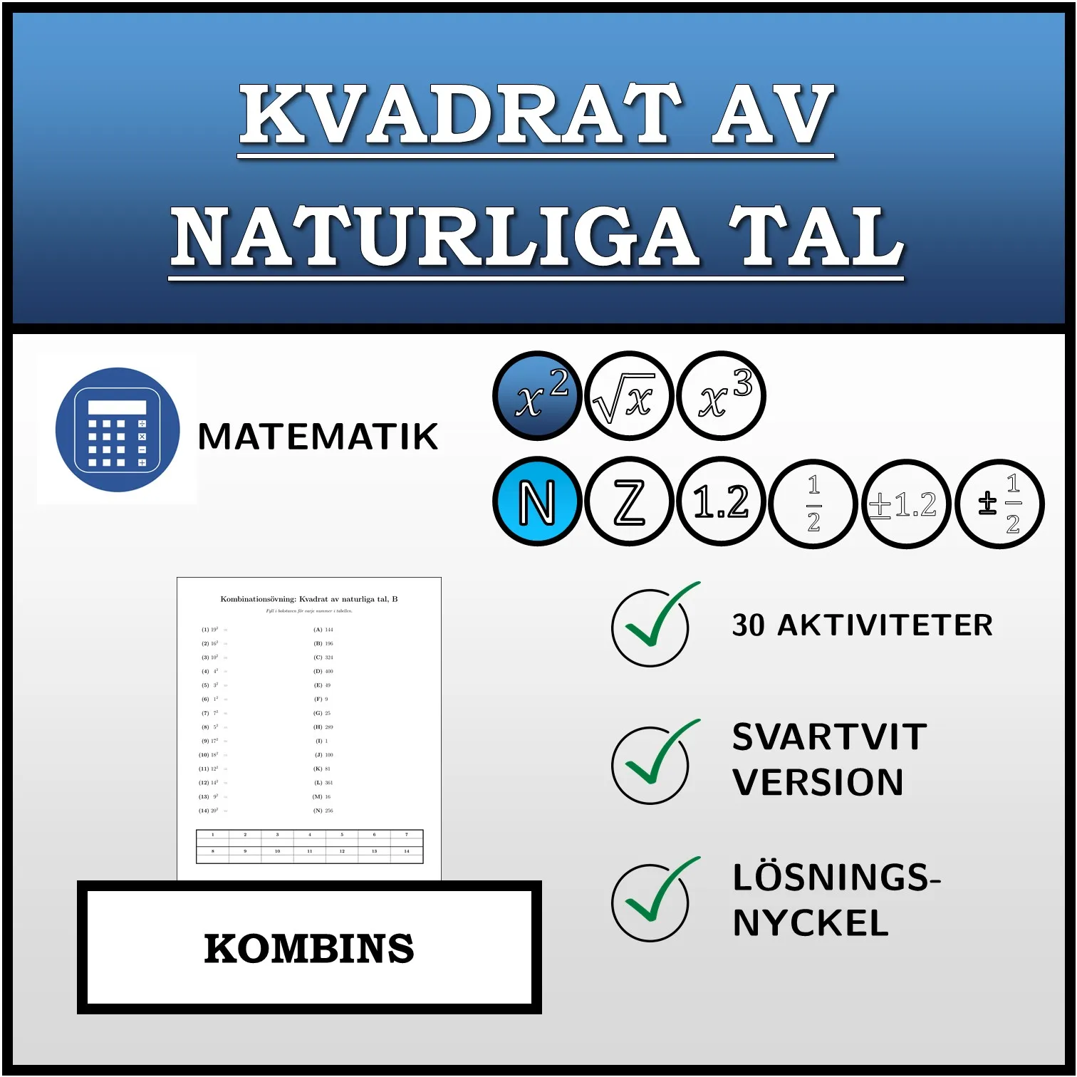 Kombinationsövning: Kvadrat av naturliga tal
