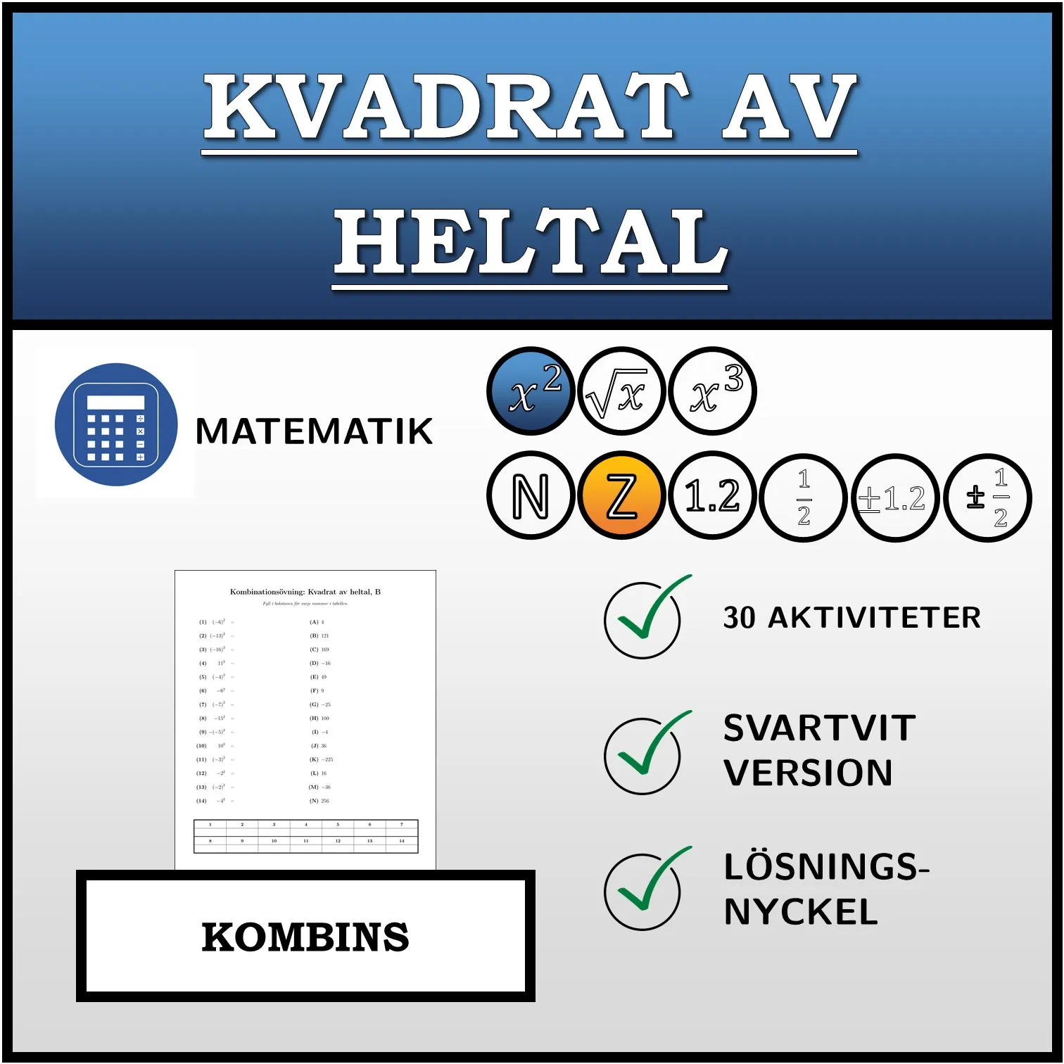 Kombinationsövning: Kvadrat av heltal