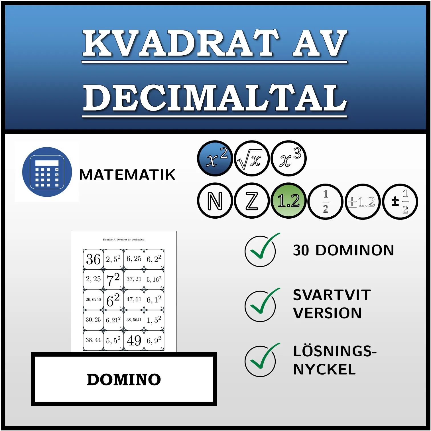Domino: Kvadrat av decimaltal