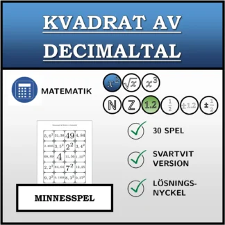 Memoryspel: Kvadrat av decimaltal