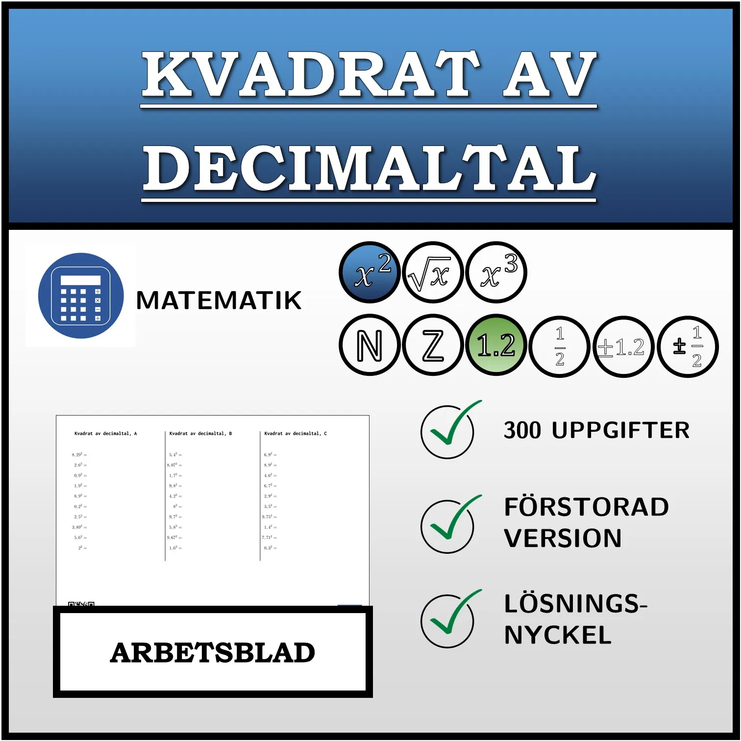 Arbetsblad: Kvadrat av decimaltal