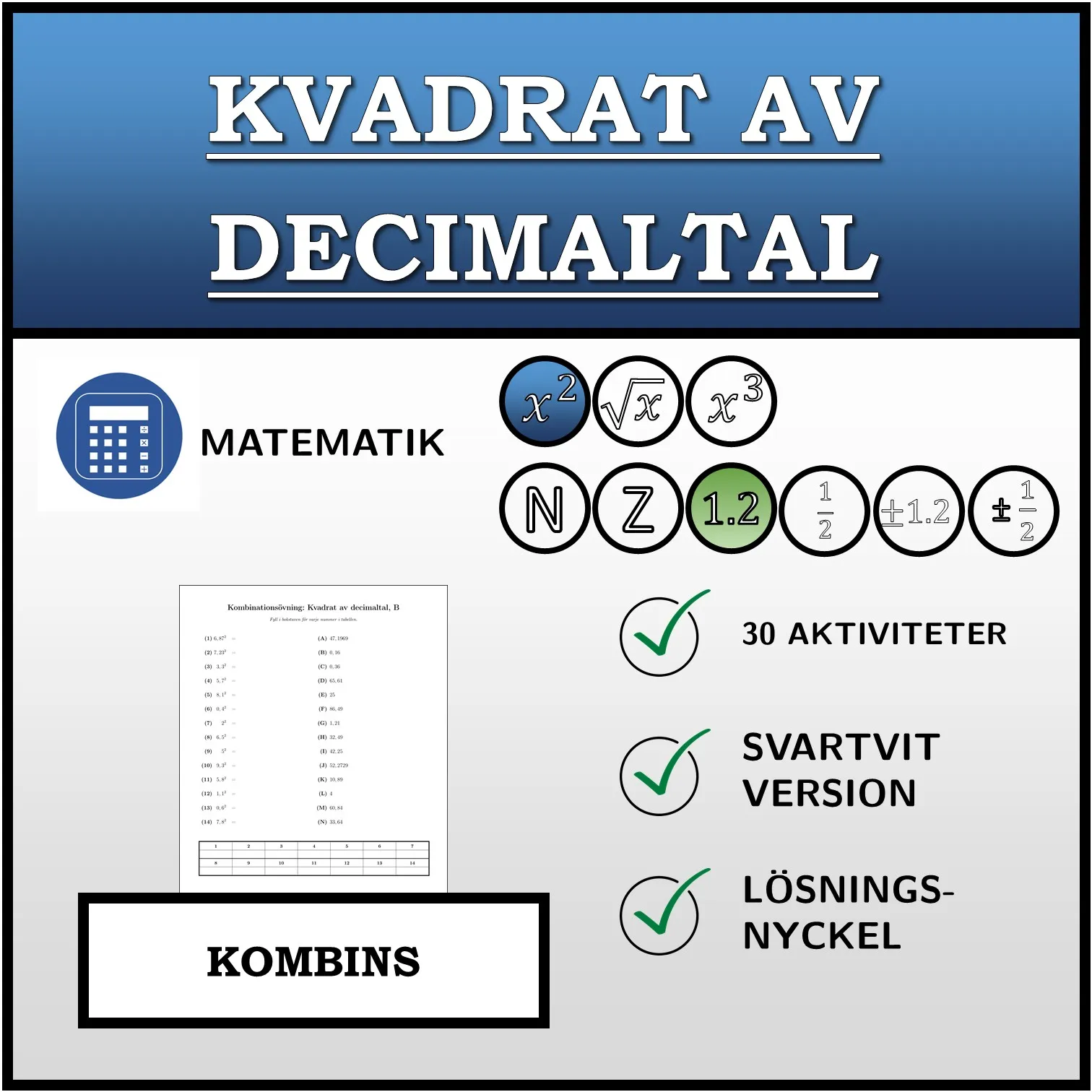 Kombinationsövning: Kvadrat av decimaltal