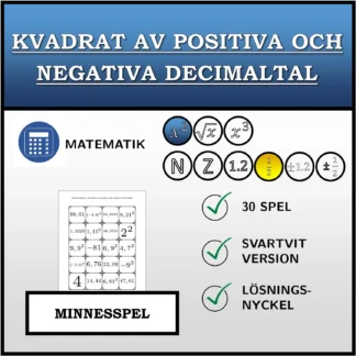 Memoryspel: Kvadrat av positiva och negativa decimaltal