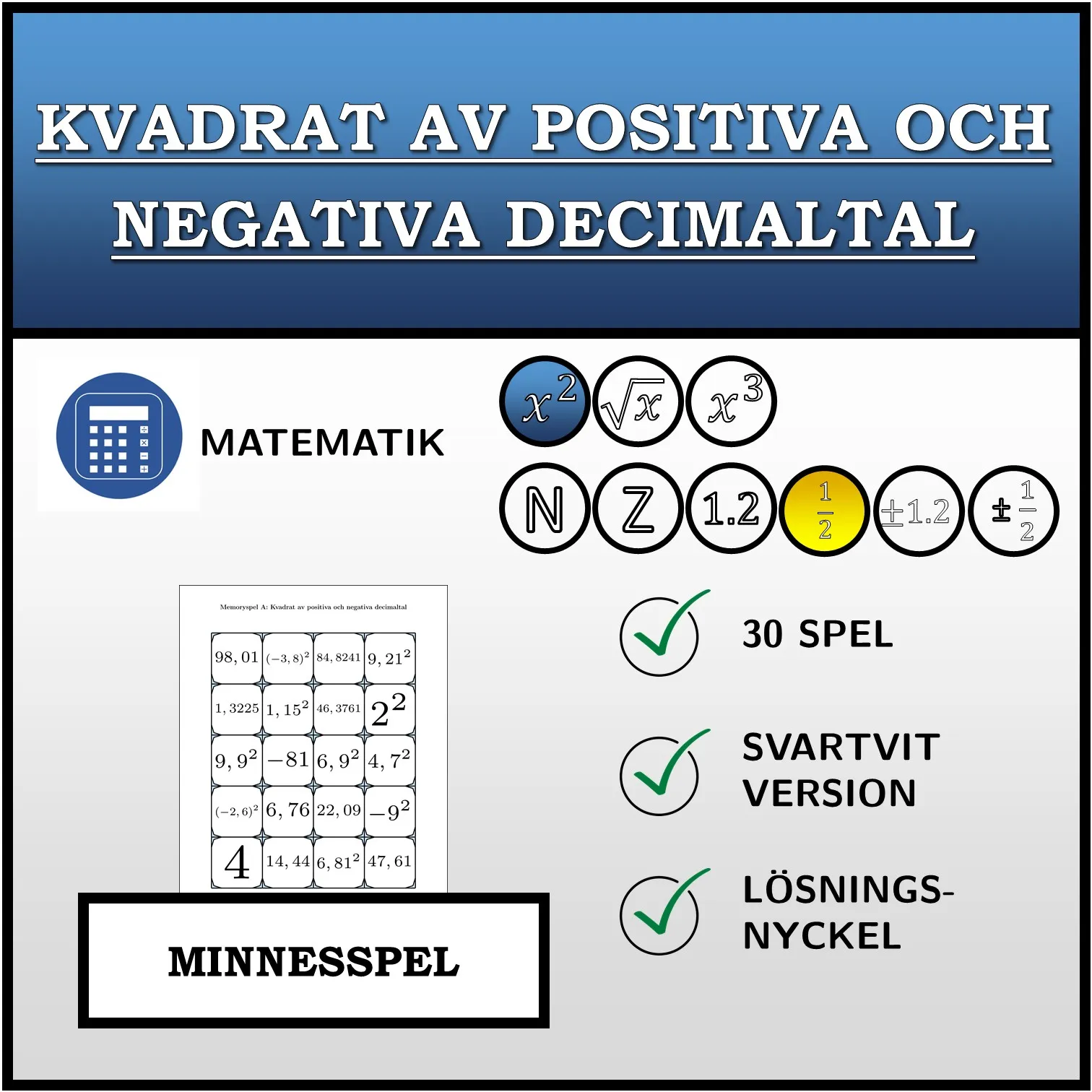 Memoryspel: Kvadrat av positiva och negativa decimaltal