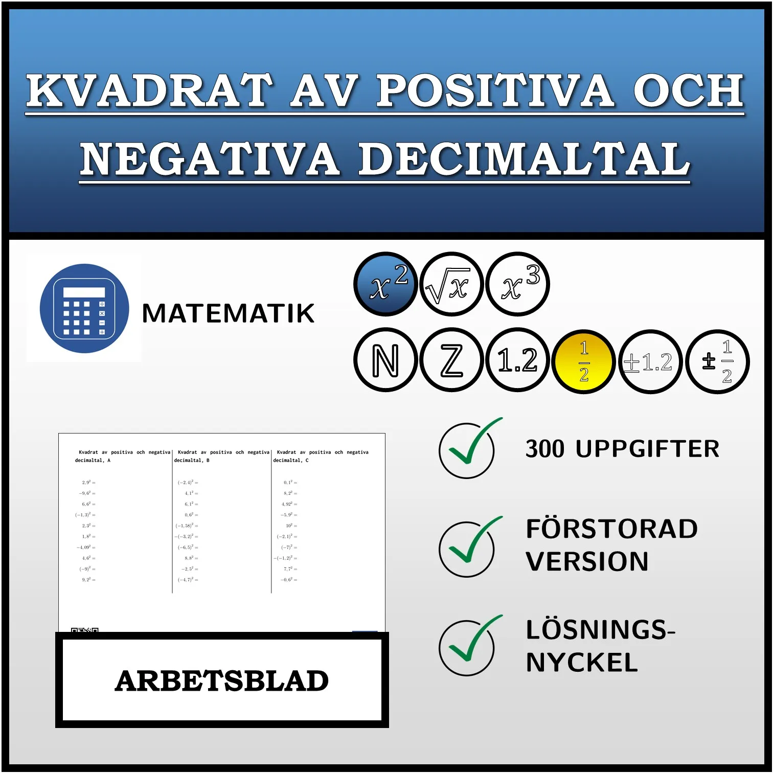 Arbetsblad: Kvadrat av positiva och negativa decimaltal